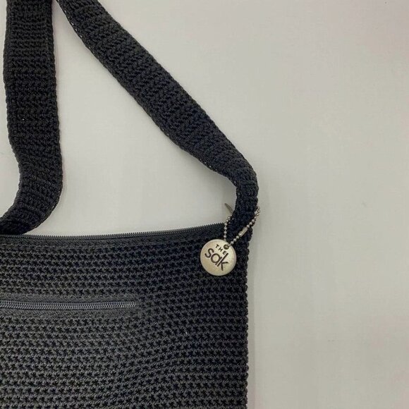 The Sak Crochet Handbag Black 12x10" Shoulder Bag Purse Carry Zipper Top - Picture 3 of 8